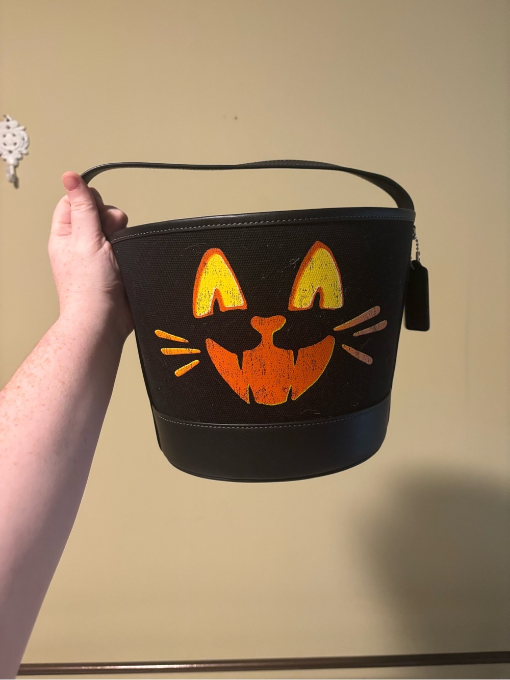 black canvas Coach Trick Or Treat Bucket With Halloween Cat